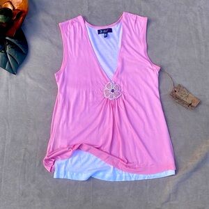 NWT Aqua Pink White v-Neck Sleeveless Top - L